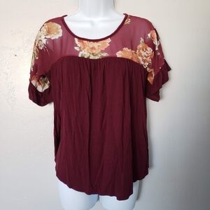 Maurices Small Burgundy Short Sleeve Blouse Chiffon Floral Keyhole Top Shirt